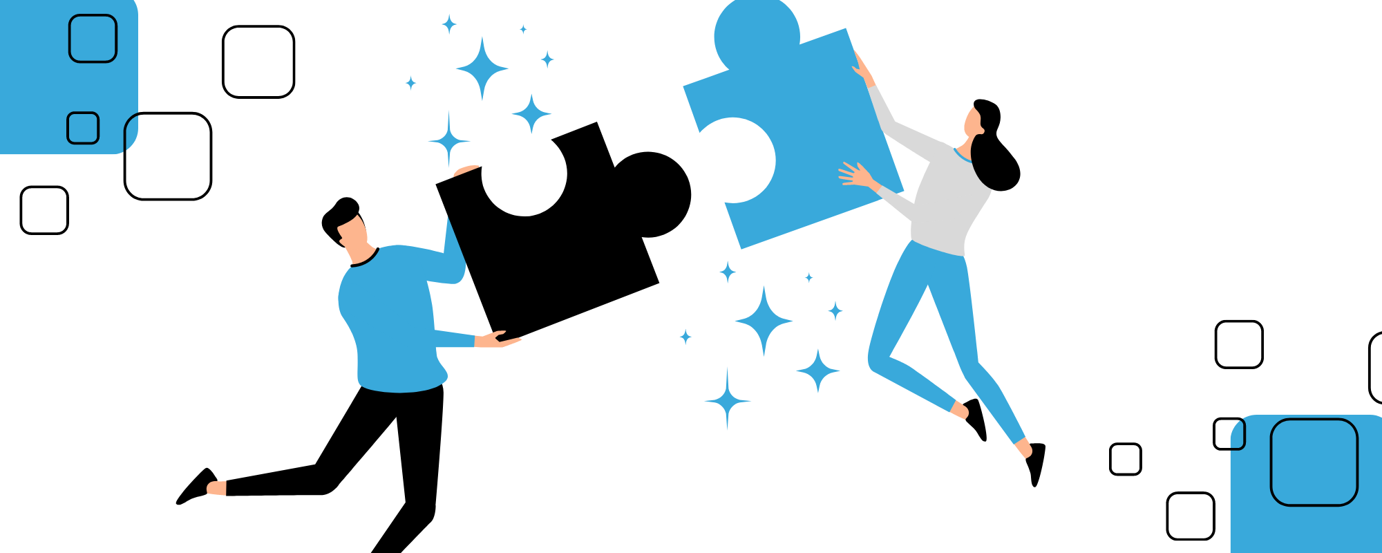 Two people holding puzzle pieces each